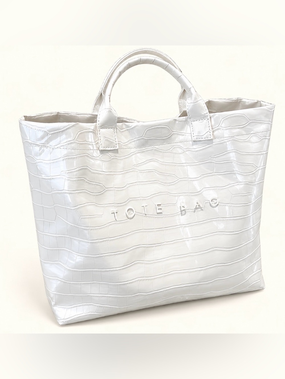 White Croc-Embossed Tote Bag -